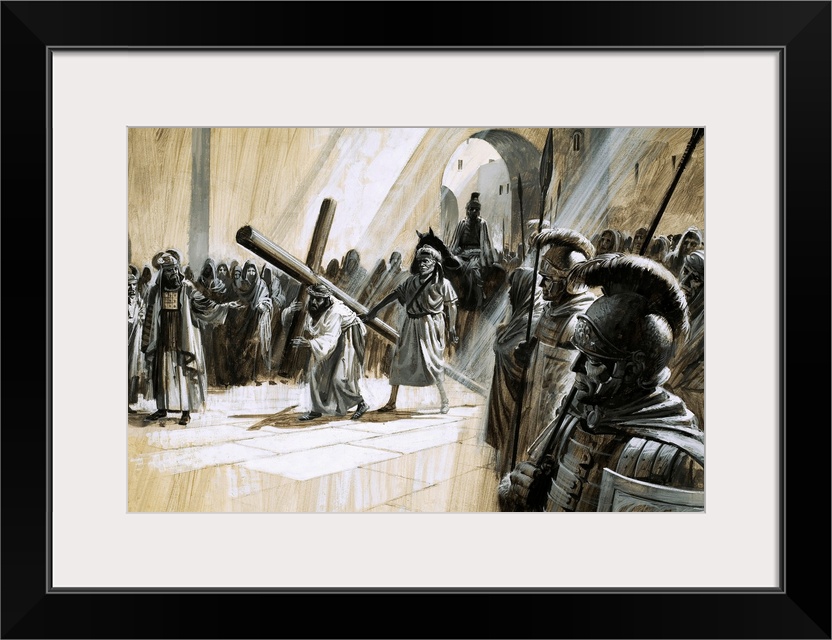 Classic artwork of Christ holding the cross as He is surrounded by soldiers.