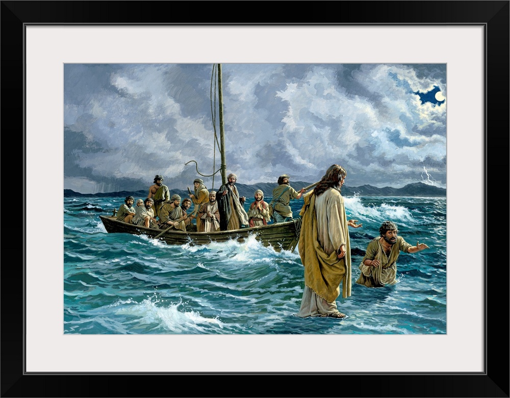 Painting of Jesus walking on water.  The disciples are in a boat and Peter is sinking as he walks toward the Savior.  Ther...