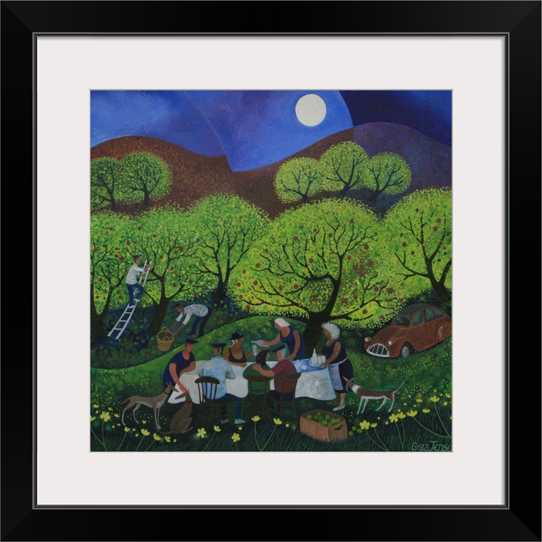 Contemporary painting of people drinking apple cider in an orchard at night.