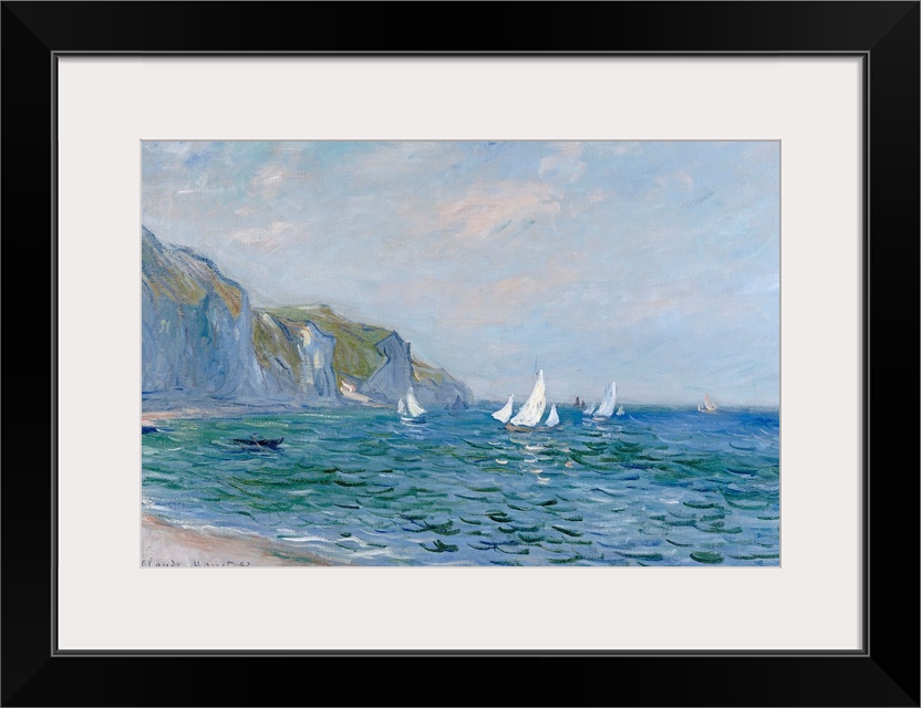 A landscape painting from a classic Impressionist master, this scene shows sail boats on the sea lined with steep cliffs.