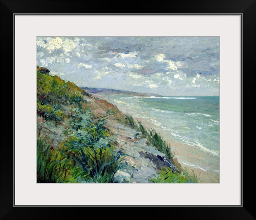 Impressionist landscape painting of the beach and a sea cliff covered in grass on a cloudy day.