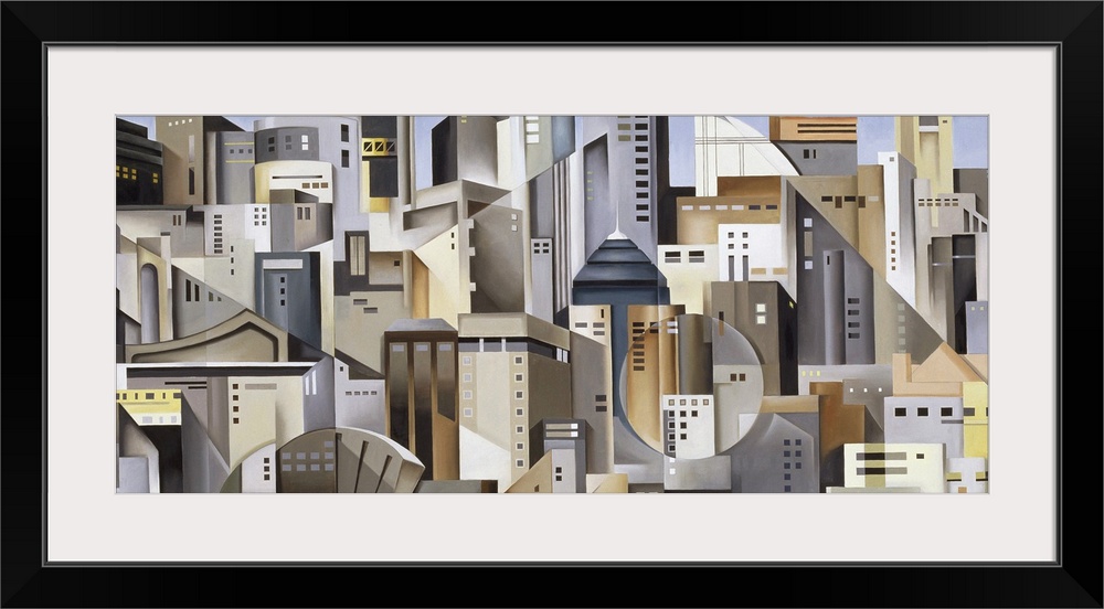 Modern abstract painting of skyscraper composed of various shapes on canvas.