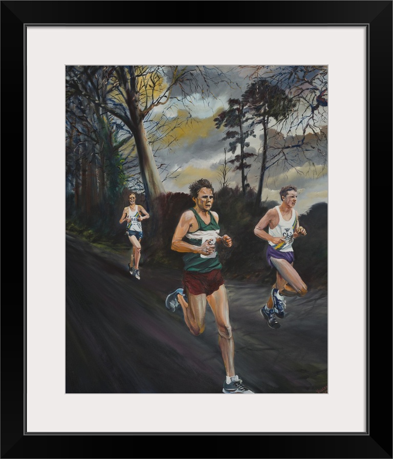 Contemporary painting of a runners along a dark path.