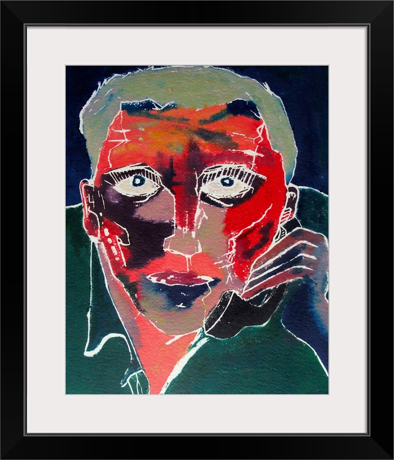 Contemporary expressionist painting of a portrait of a man with a red face and talking in the phone.