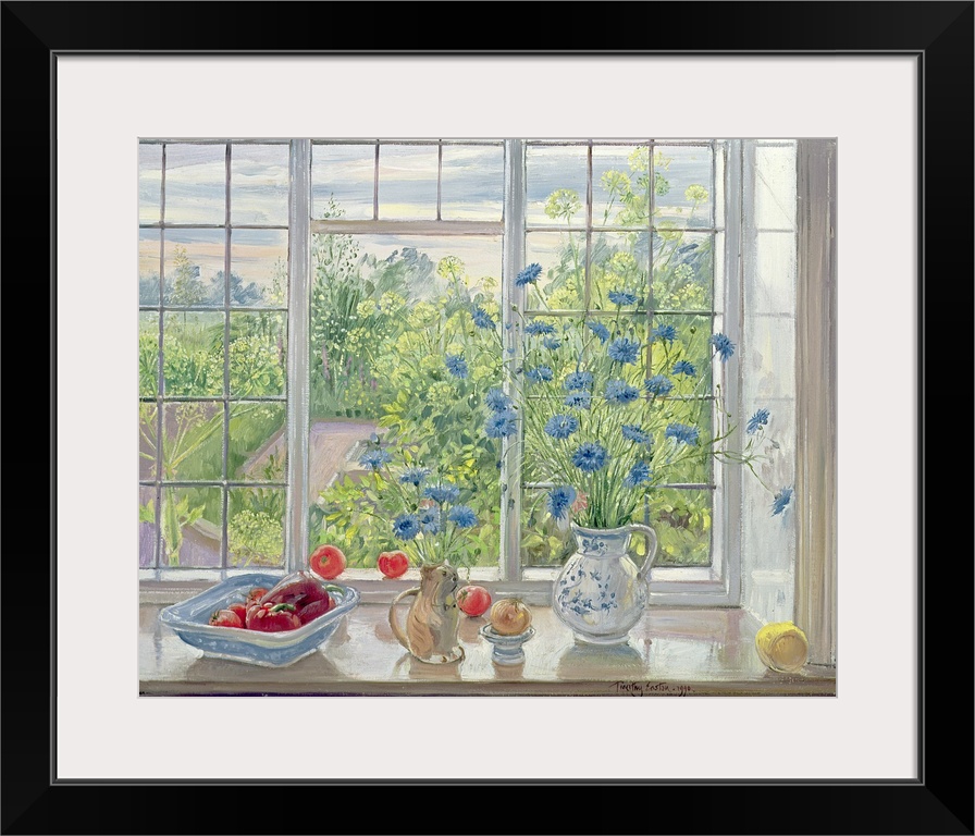 Painting of windowsill with flower vases and vegetables with garden.  A small garden is seen through the window.