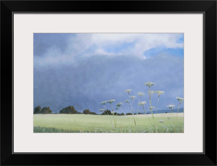 Contemporary painting of a grassy field with parsley growing under a cloudy sky.