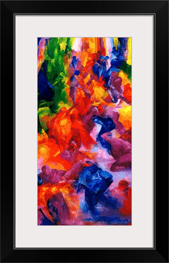 A vertical painting of people dancing at a nightclub as abstracted colors and shapes.