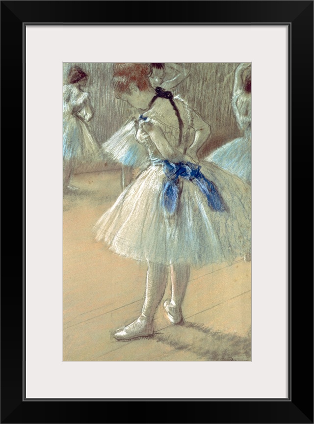This ballerina is drawn from the back and side as she stands with her toes pointed out and her hands clasped behind her ba...