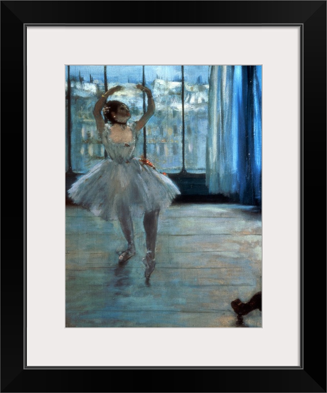 Painting by Edgar Degas of a single ballerina practicing by a window.