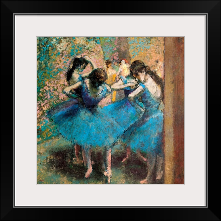 Edgar Degas' famous painting of four ballerinas practicing in the foreground with other figures visible in the mosaic back...