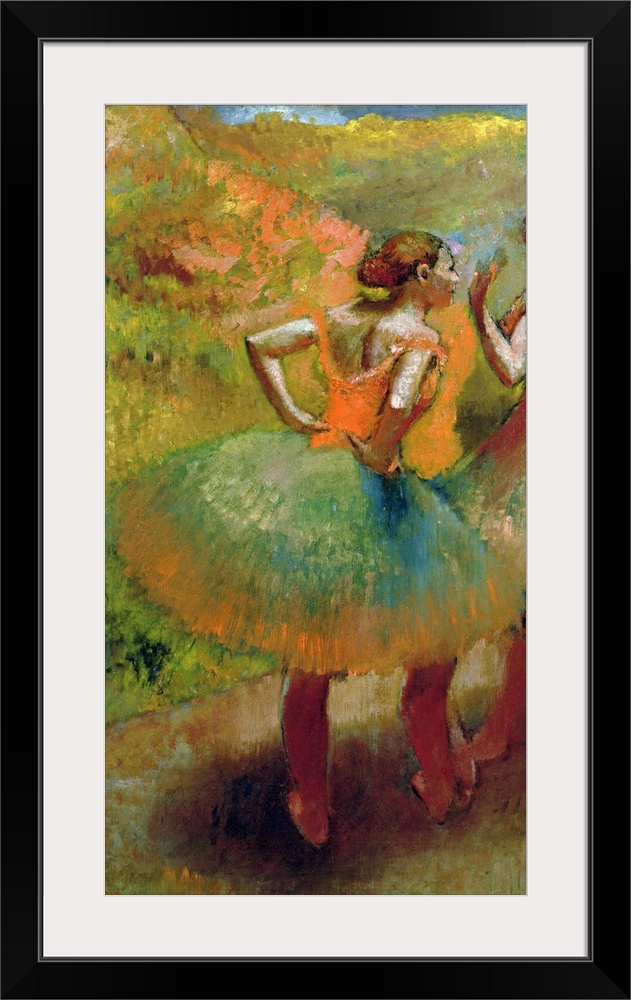 This piece of classic artwork has two dancers both wearing full ballerina skirts with one of the dancers hands in the othe...