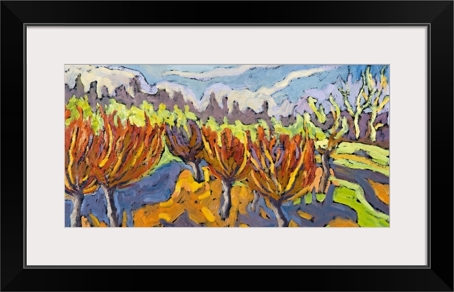 An abstract artwork piece of willow trees in a field. Various colors are used and applied in wave like motion.