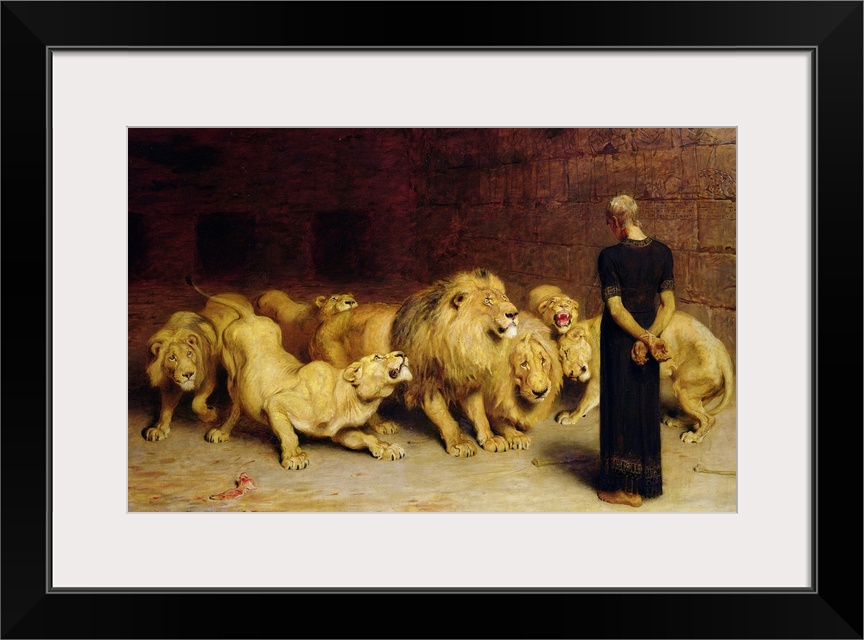 Painting of Daniel facing seven lions in a dungeon.