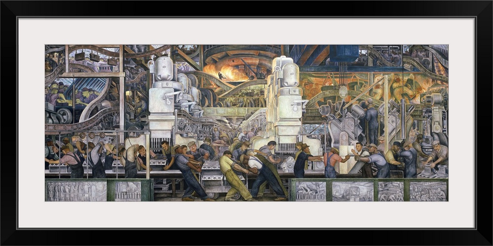 Landscape classic artwork on a large canvas of the North wall of the Ford Motor Company, featuring many men working on the...