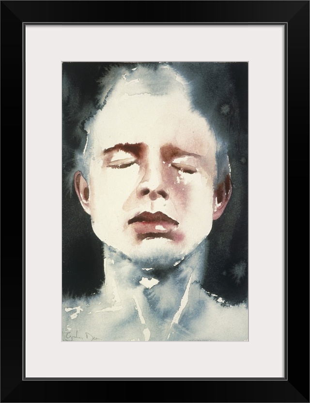 Contemporary watercolor painting of a person with closed eyes is partially submerged in dark water.