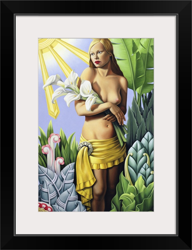 Contemporary art deco-style painting of a woman holding lilies in a garden.