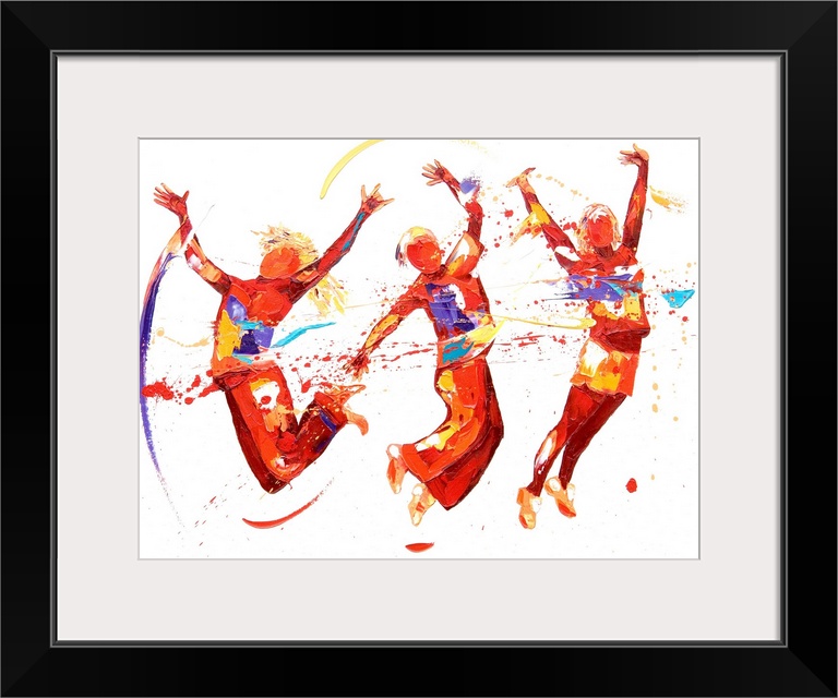 Contemporary painting using deep warm tones to create three dancers leaping into the air against a white background.