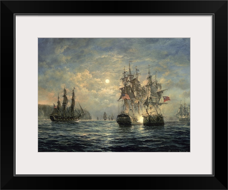 Large wooden ships sail in the rough ocean water under a cloud filled sky with the sun poking through.