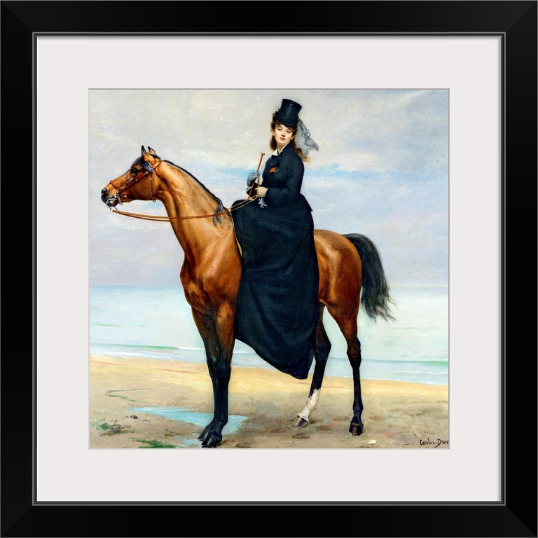Large painting of a woman sitting on a horse along the ocean.