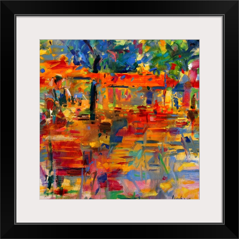 Square wall art for the living room or office of an abstract outdoor cafo tables under trees.