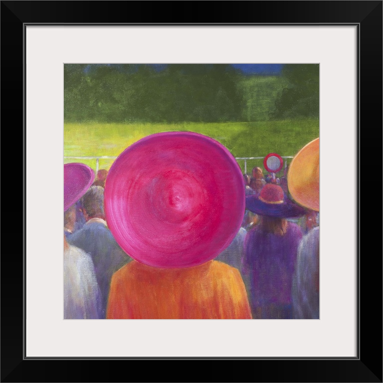 Contemporary painting of a rear view of women in large sun hats watching a horse race.