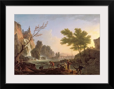 Fisherman in a landscape with a cascade and a bridge