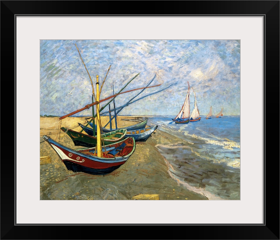Classical painting of fishing vessels docked on sand with sailboats sailing just off the shore on a cloudy day.