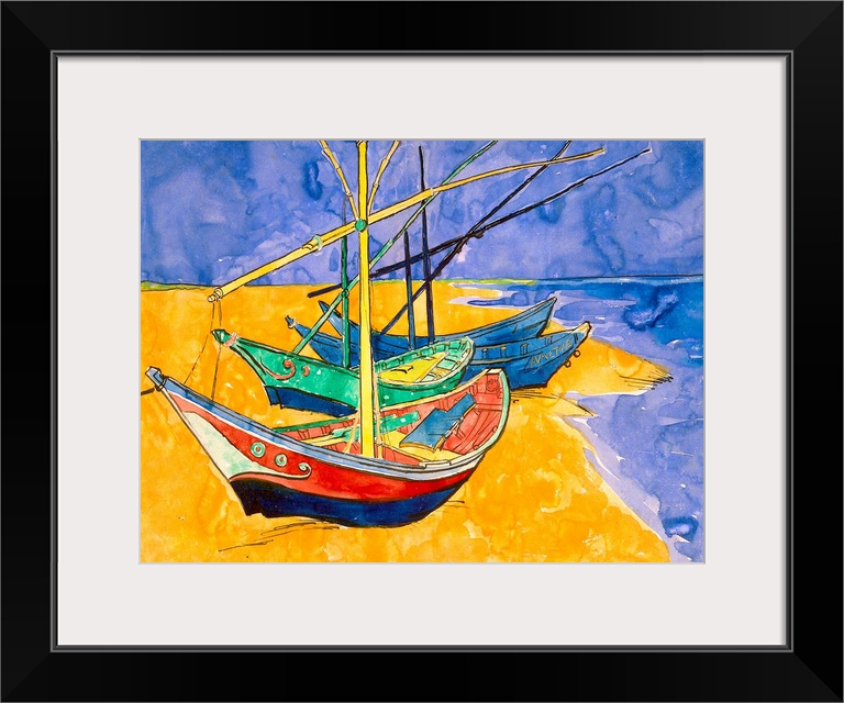 This Impressionist painting uses flat colors and line art show sail boats pulled up on the shore.