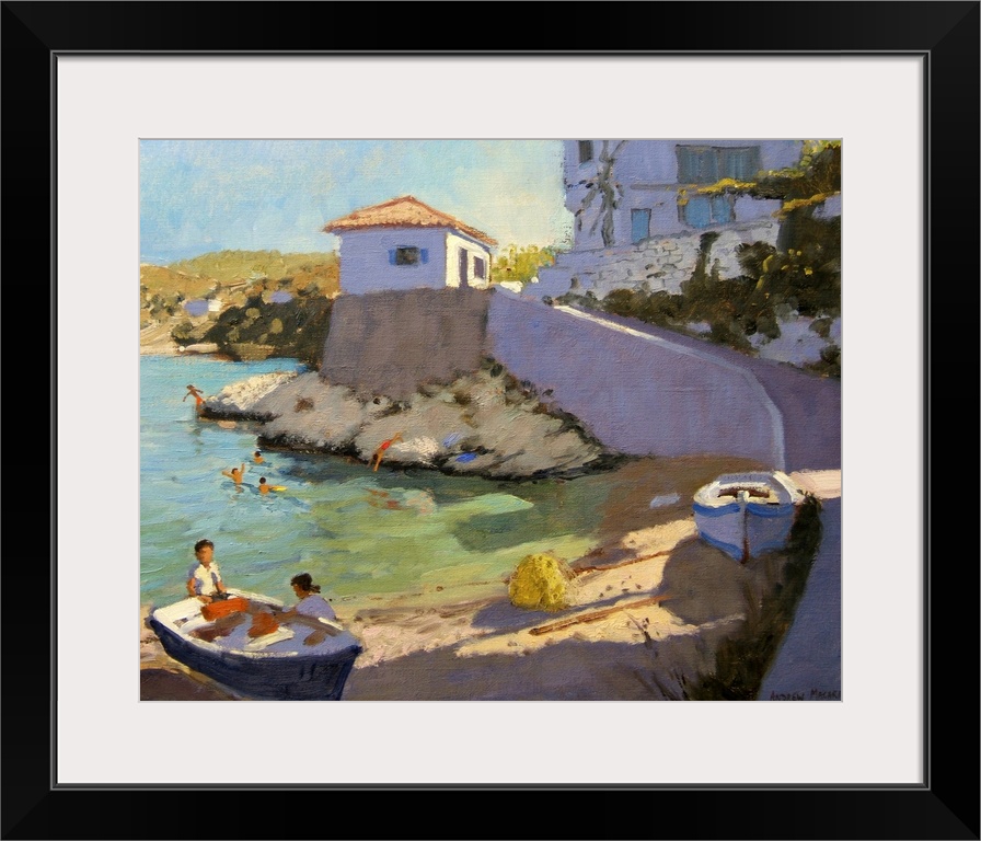 Horizontal, large painting of buildings and a road along a beach, people swimming in the water, and two small boats rest o...