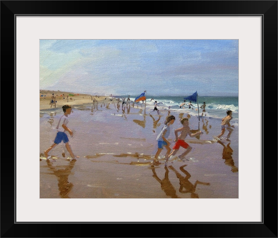 Decorative art for the home or beach house this landscape photograph shows children on a sandy beach running towards the w...