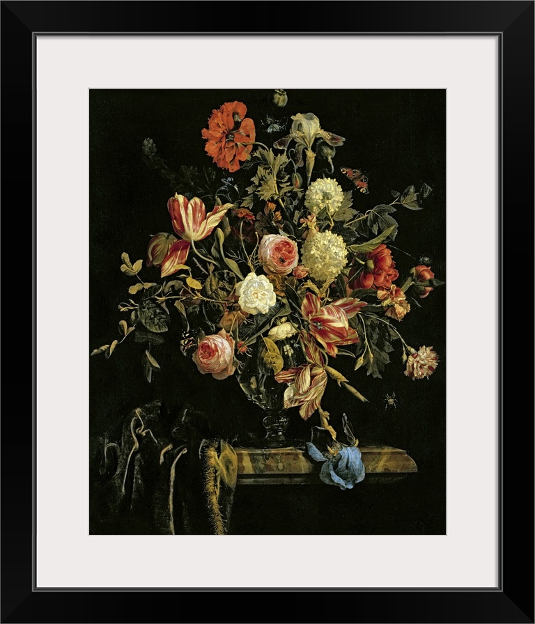 Flowers are painted growing out of a glass vase against a dark background. Some of the flowers are dying and drooping over...