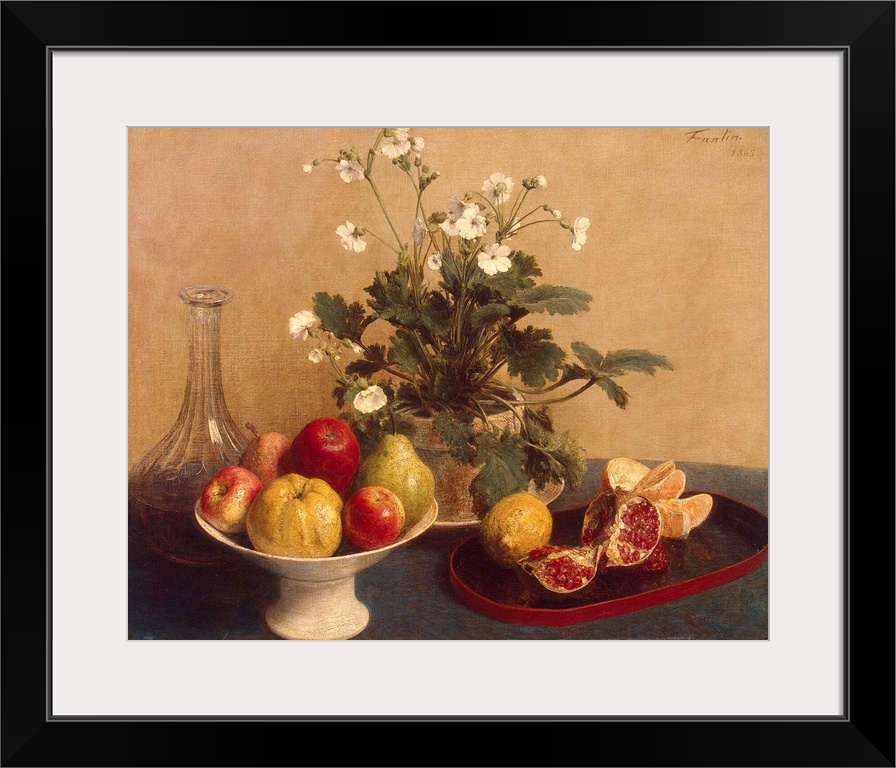 BAL385527 Flowers, dish with fruit and carafe, 1865 (oil on canvas)  by Fantin-Latour, Ignace Henri Jean (1836-1904); Herm...