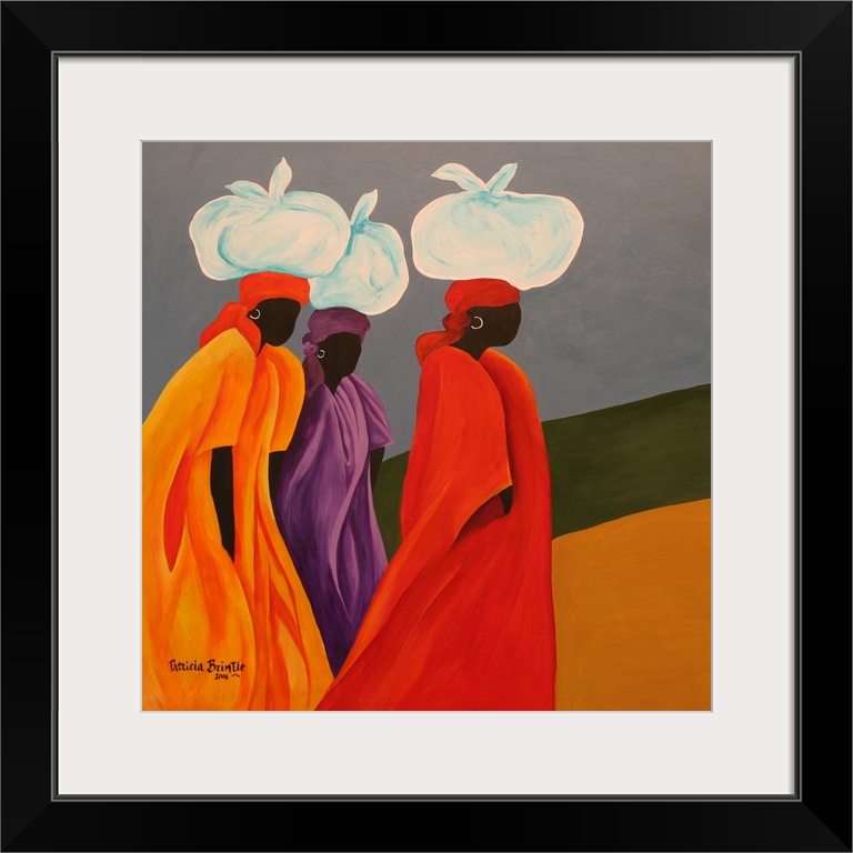 Contemporary painting of Haitian women with tied bundles on their heads.