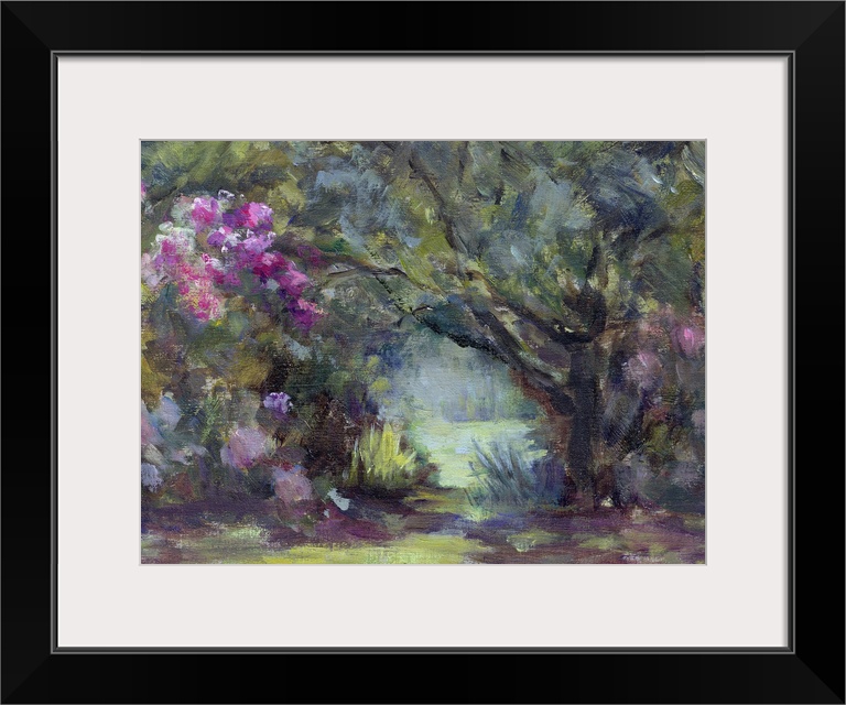 This contemporary artwork is a painting of trees and foliage leading into a garden. The trees and ground are highlighted w...