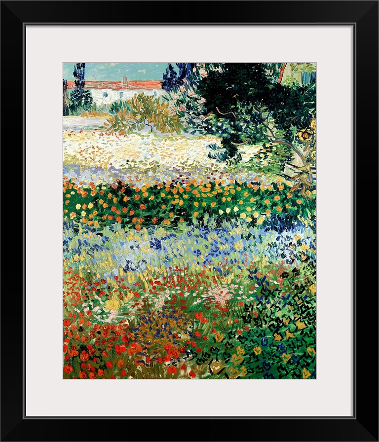 Huge classic art portrays a large plot of land filled with a diverse array of brightly colored flowers that extend towards...
