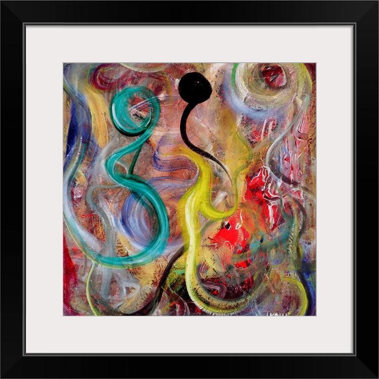 Giant abstract art includes various swirls and curved lines of bright cool and warm tones of different thicknesses layered...