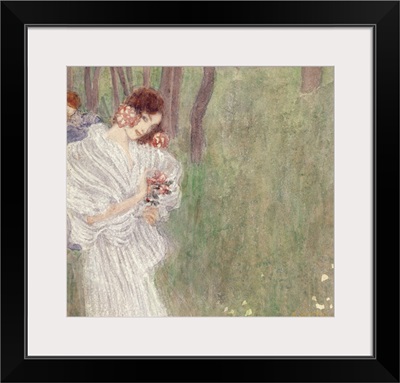 Girl In A White Dress Standing In A Forest