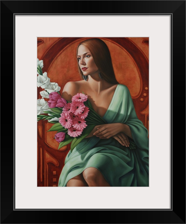 Contemporary art deco-style painting of a woman holding a bouquet of flowers.