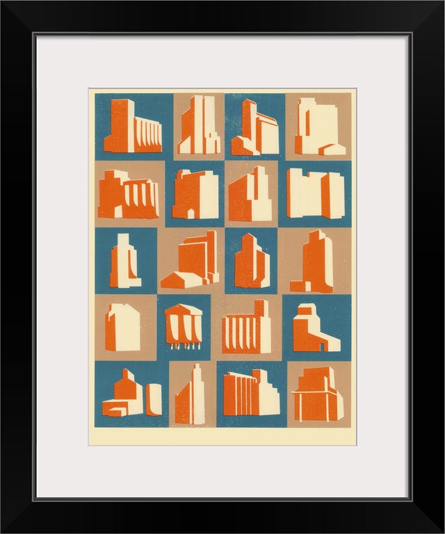 Contemporary painting of square tiles with grain silos in them in blue orange and beige.