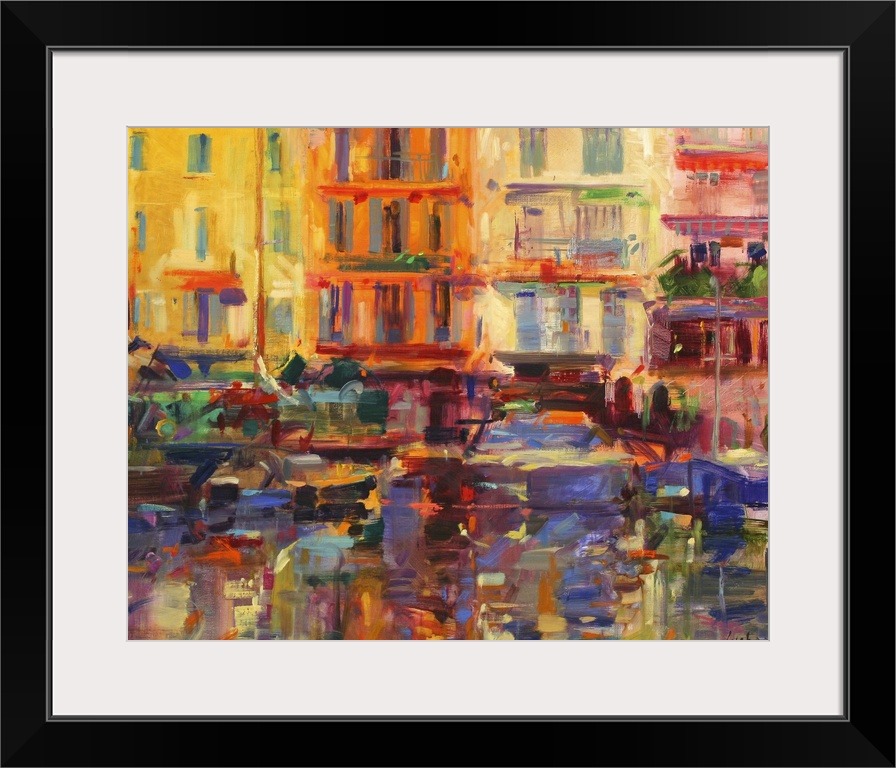 Contemporary art painting of buildings overlooking a boat filled harbor.