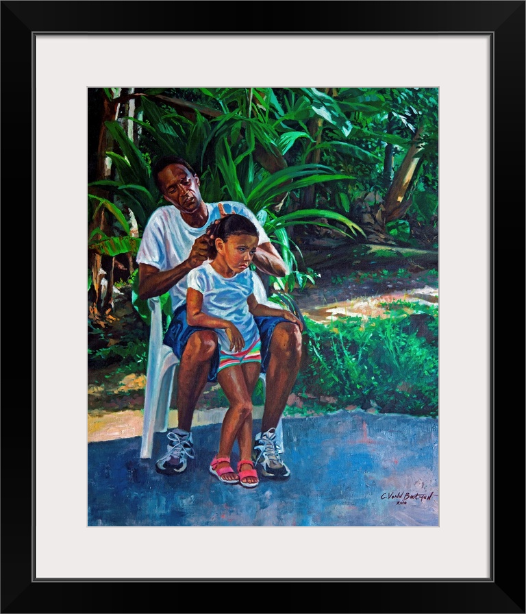 Contemporary painting of an older man braiding his granddaughter's hair.