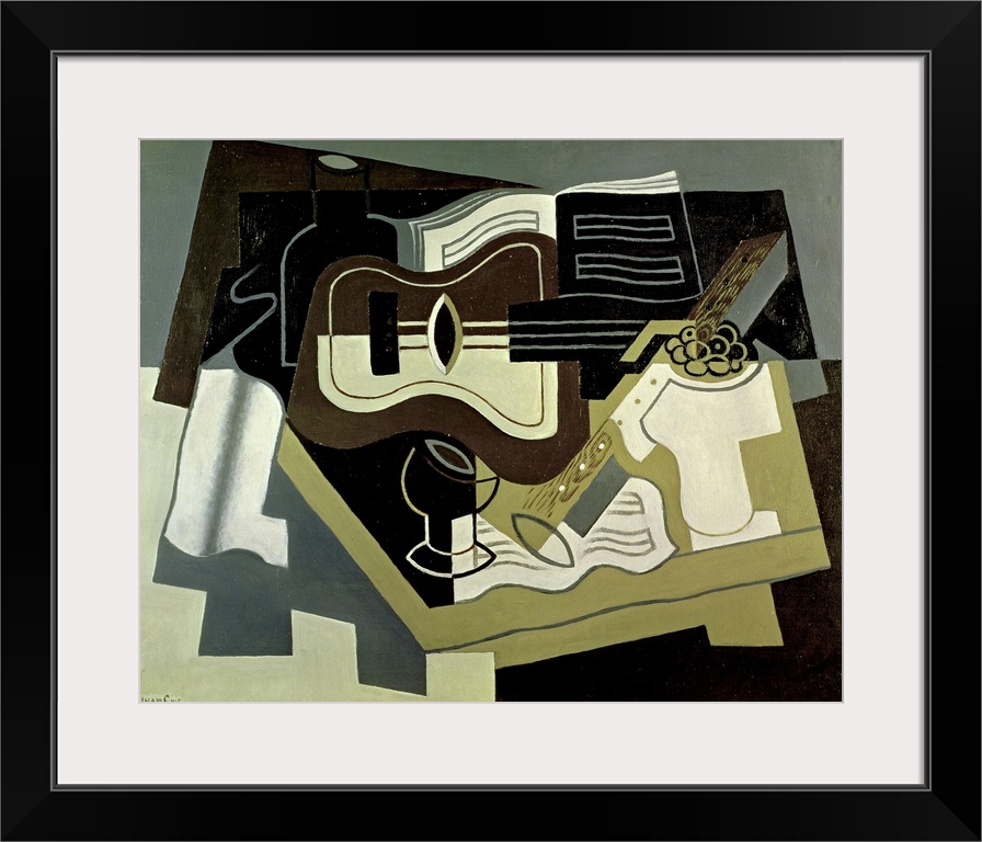 Abstract artwork of a guitar and clarinet with blocks of color patched together behind it.