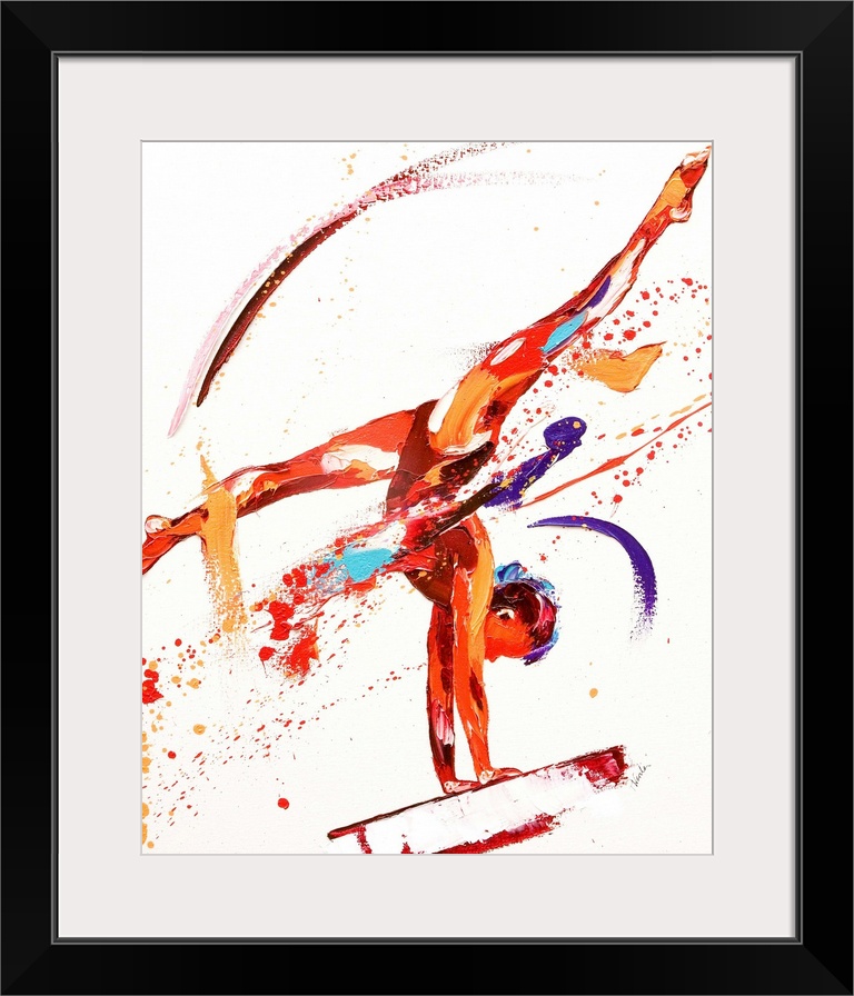 Contemporary painting of a gymnast on a balance beam.