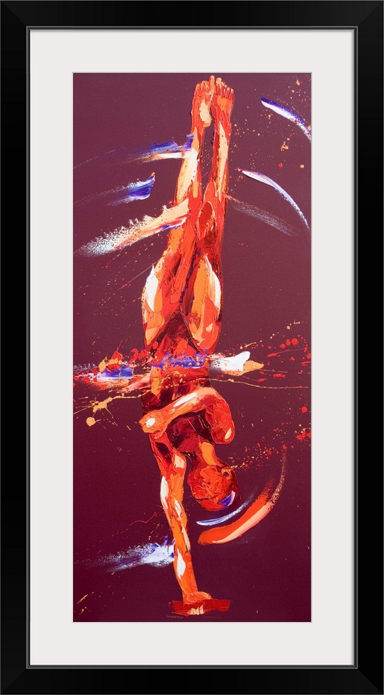 Contemporary painting of a gymnast leaping in the air.