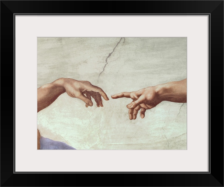 Classic painting of an outstretched arm reaching to touch a lifeless hand with its finger tip with a cracked stone backgro...