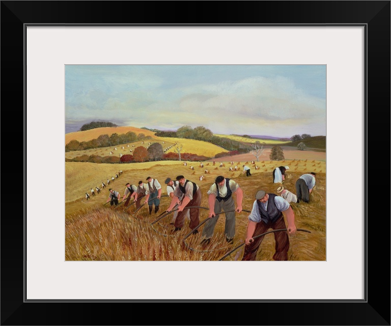 Contemporary painting of several farmhands harvesting in a field.