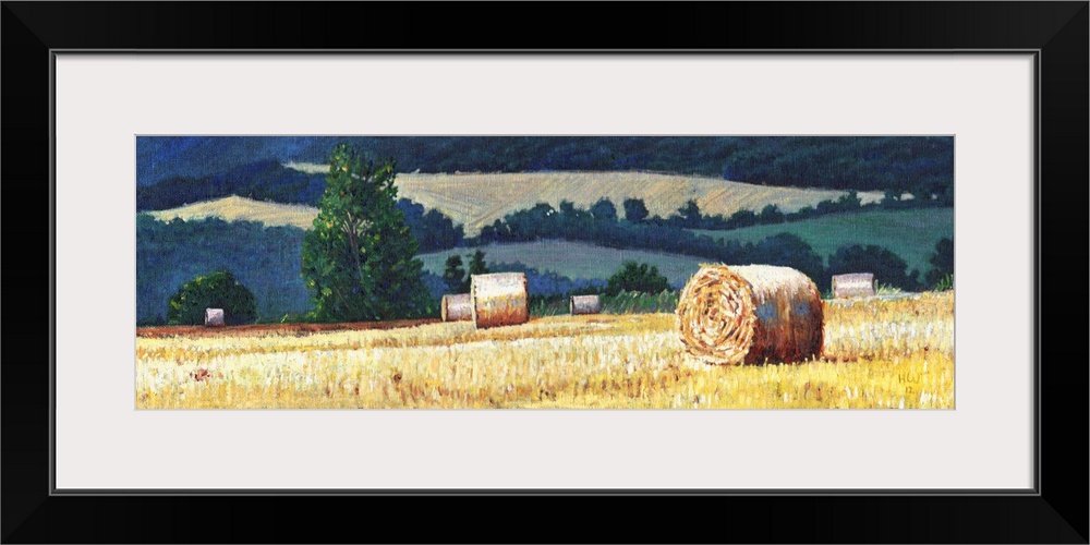 Contemporary painting of a countryside scene with hay bails in a farmed field.