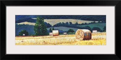 Haybales on hillside, oil on canvas