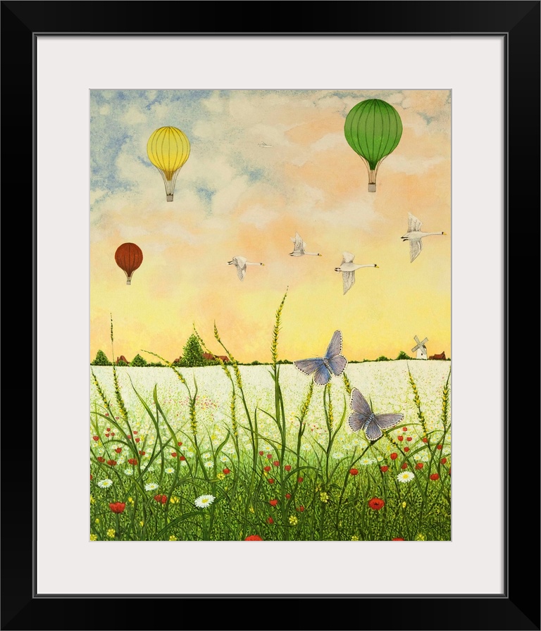 Contemporary painting of butterflies in a field with hot air balloons in the air.