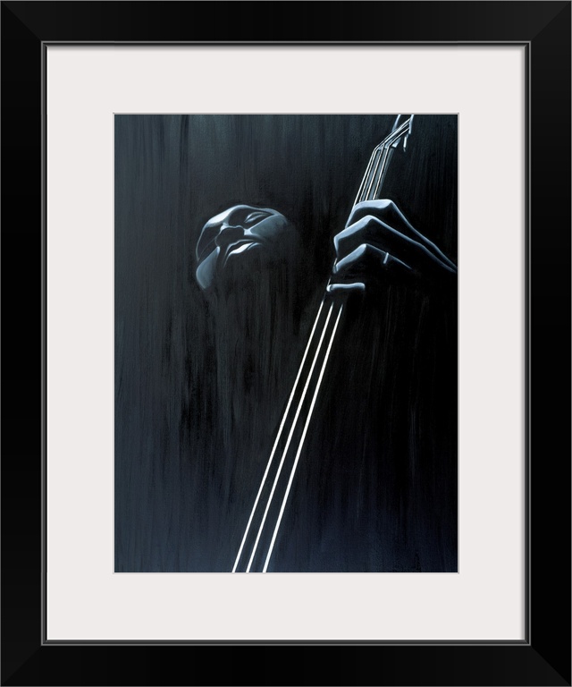 Big contemporary monochromatic art focuses on a close-up of a man playing the bass against a slightly rough background.